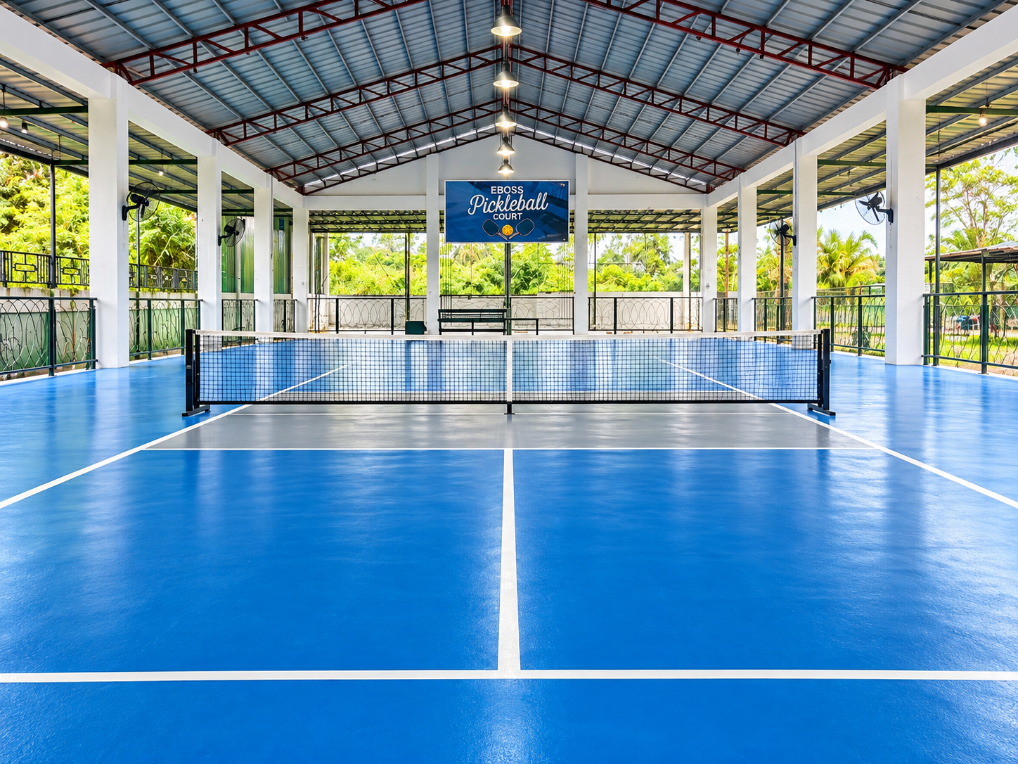 User-supplied view of Court 1 at EBoss, with a blue court and covered roof